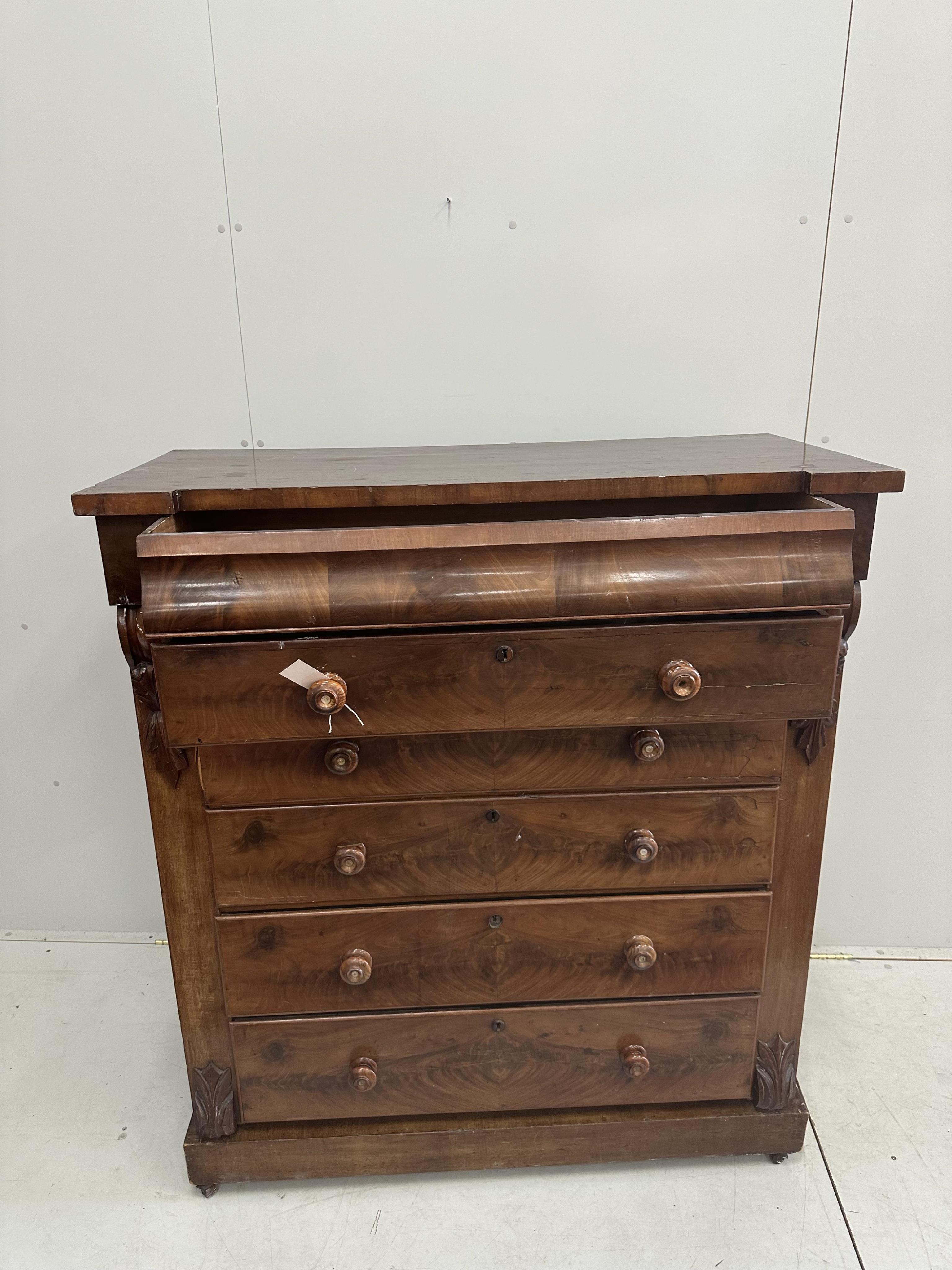 A Victorian mahogany Scottish chest of drawers, width 120cm, depth 55cm, height 137cm. Condition - poor